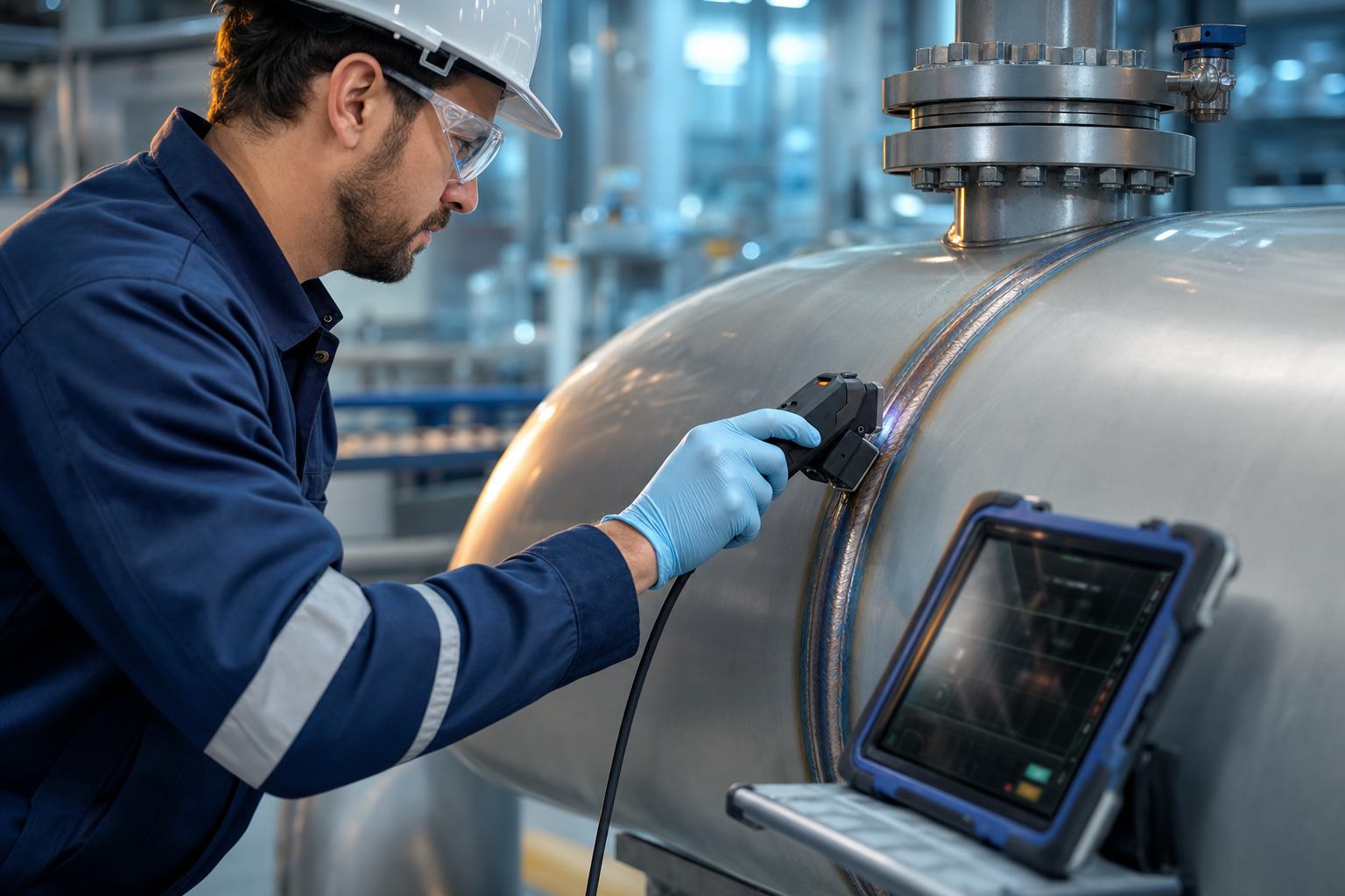 Inspector performing non-destructive testing